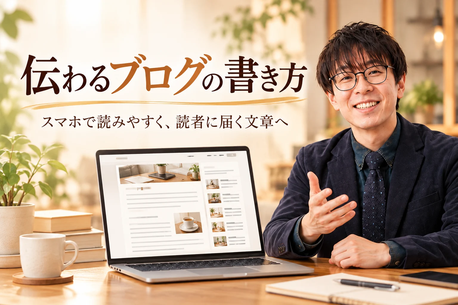 茶色系の落ち着いたデザインで、スマートフォンに読みやすいブログの書き方を紹介するGLADNINEの画像